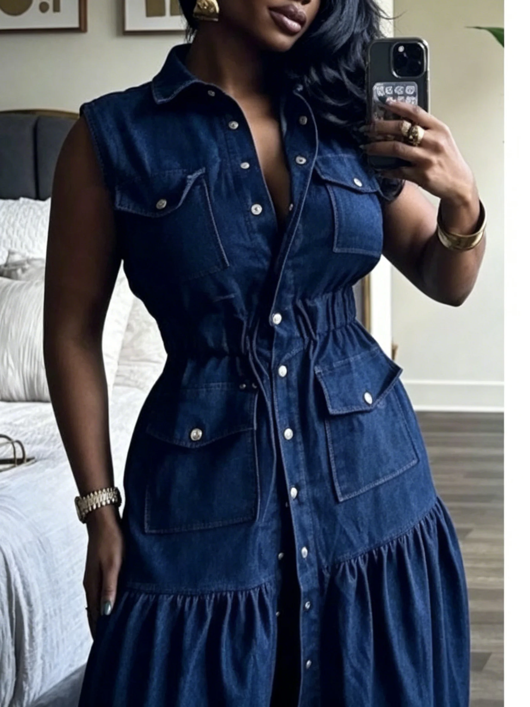 Trendy Sleeveless Denim Maxi Dress Women Casual Button Up Drawstring Waist Tiered Ruffle Jean Long Dresses Streetwear Outfits - view 5