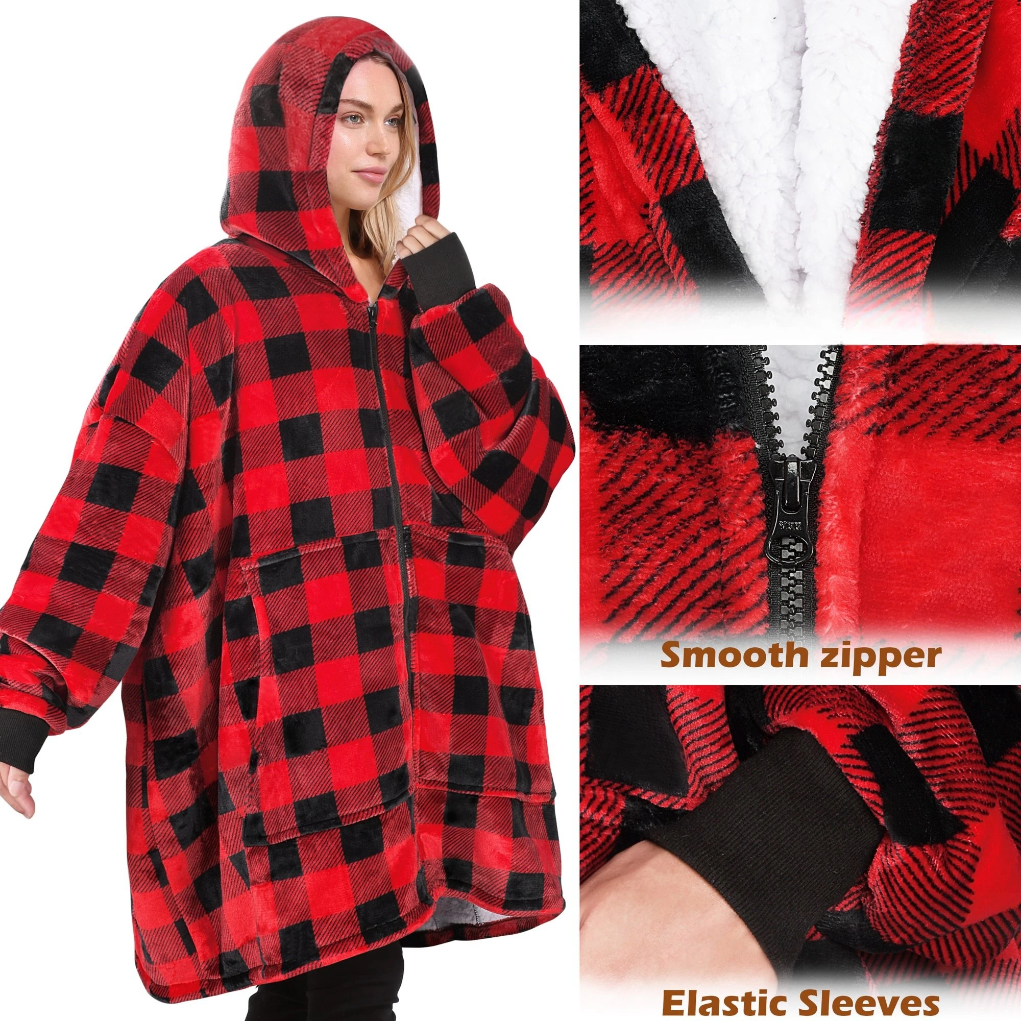1pc Super Soft Wearable Blanket With Zipper plaid printed hoodie blanket dropship