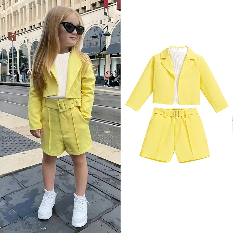 

4 5 6 7 Years Kid Girls Set Sweet Candy Color Long Sleeve Coat + Short Two-piece Fall Kids Fashion Sets Toddler School Clothing