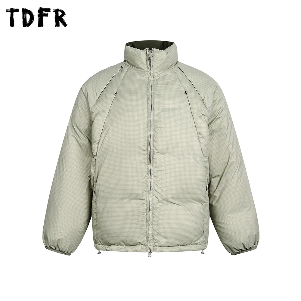 

Клетчатый пуховик мужской с карманом на молнии зимний теплый повседневный воротник-стойка свободный шнурок подол стеганая куртка мужская