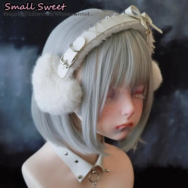 فاسق القوطية دبوس برشام الجلود القوس غطاء للأذنين الأبيض أفخم ثقافة فرعية Y2K فتاة الصليب حماية الشتاء غطاء للأذنين طوي الأذن الدافئة