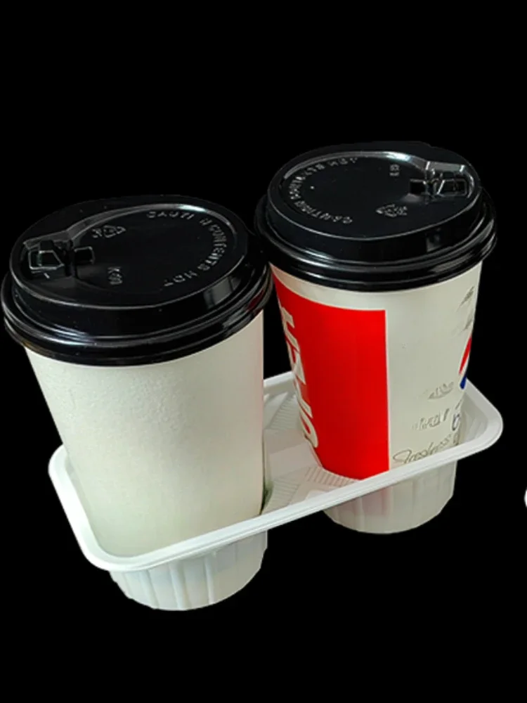 White Milk Tea Cup Holder Black Thick Plastic Coffee Beverage Takeaway Packaging Double Cup Fixed Grid Anti Scattering Tray