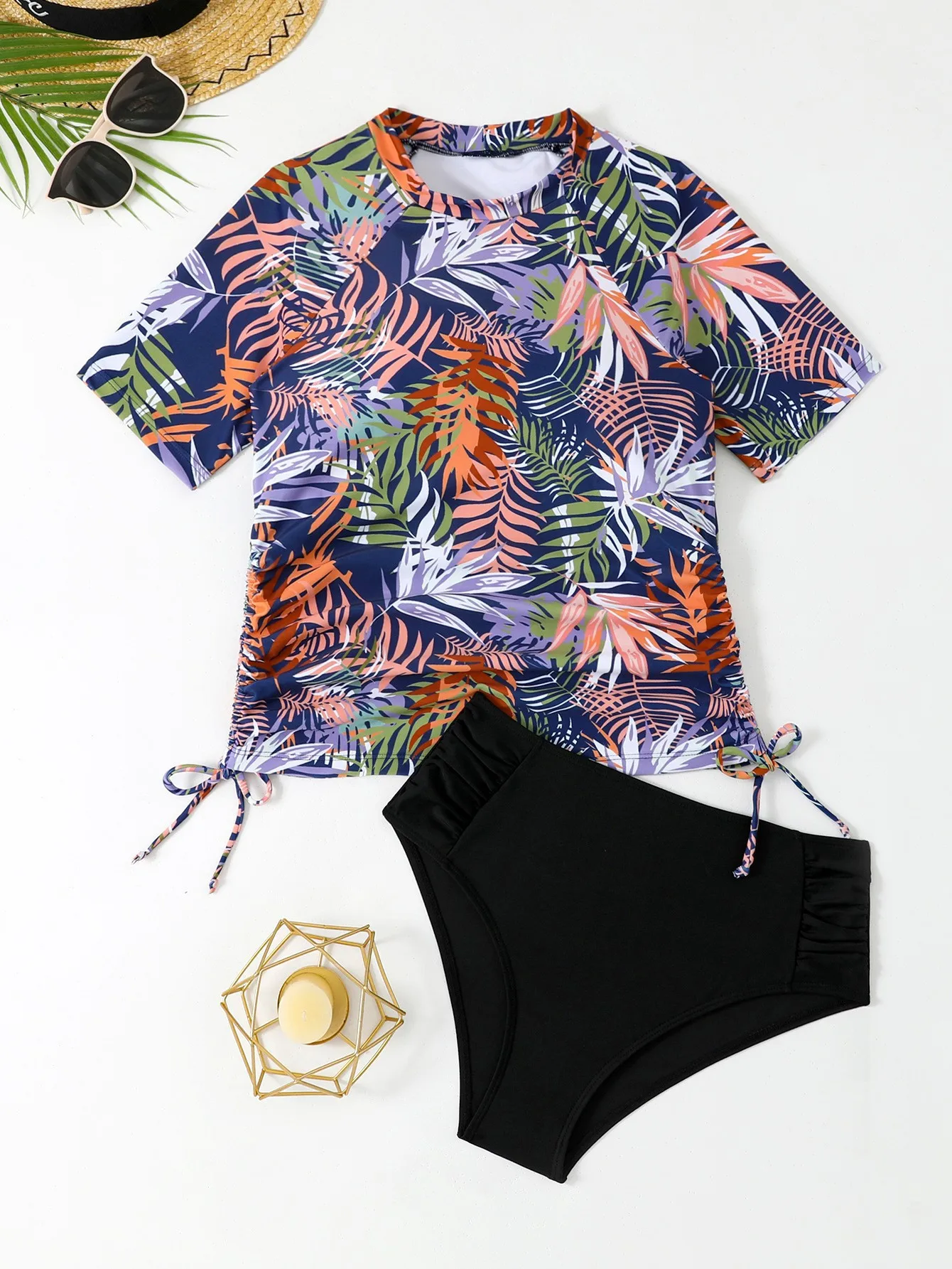 

2025 Tropical Print Tankini Set Women Drawstring Swimwear Sexy Short Sleeve Swimsuit Biquini High Waisted Bathing Suit Beachwear