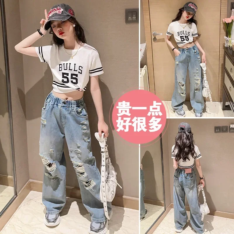 Girls' Summer Jeans  New Casual Western Style Children's Summer Clothing Medium and Big Children Ripped Wide-Leg Pants Wholesale