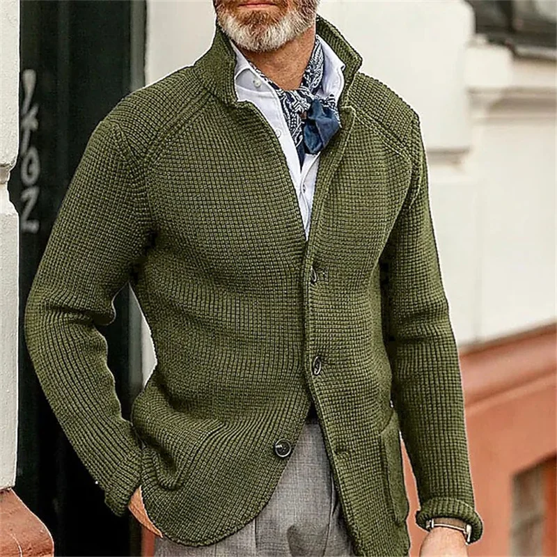 Suéter de cardigan de malha retrô masculino, suéteres verdes militares, casacos de moda, roupas européias e americanas, outono, 2023