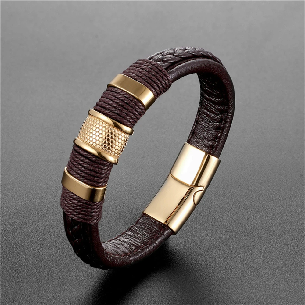 2023 New Jewelry Punk 12 Color Stainless Steel Accessories Weave Genuine Leather Women Bracelet Men Bangles Hombre Pulseras