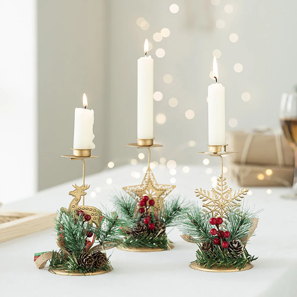 Weihnachtskerzenhalter mit künstlichen Tannenzweigen, Weihnachtsbaum, Stern, Elch, Kerzenständer, Weihnachtsessen, Tischdekoration, Noel 2024
