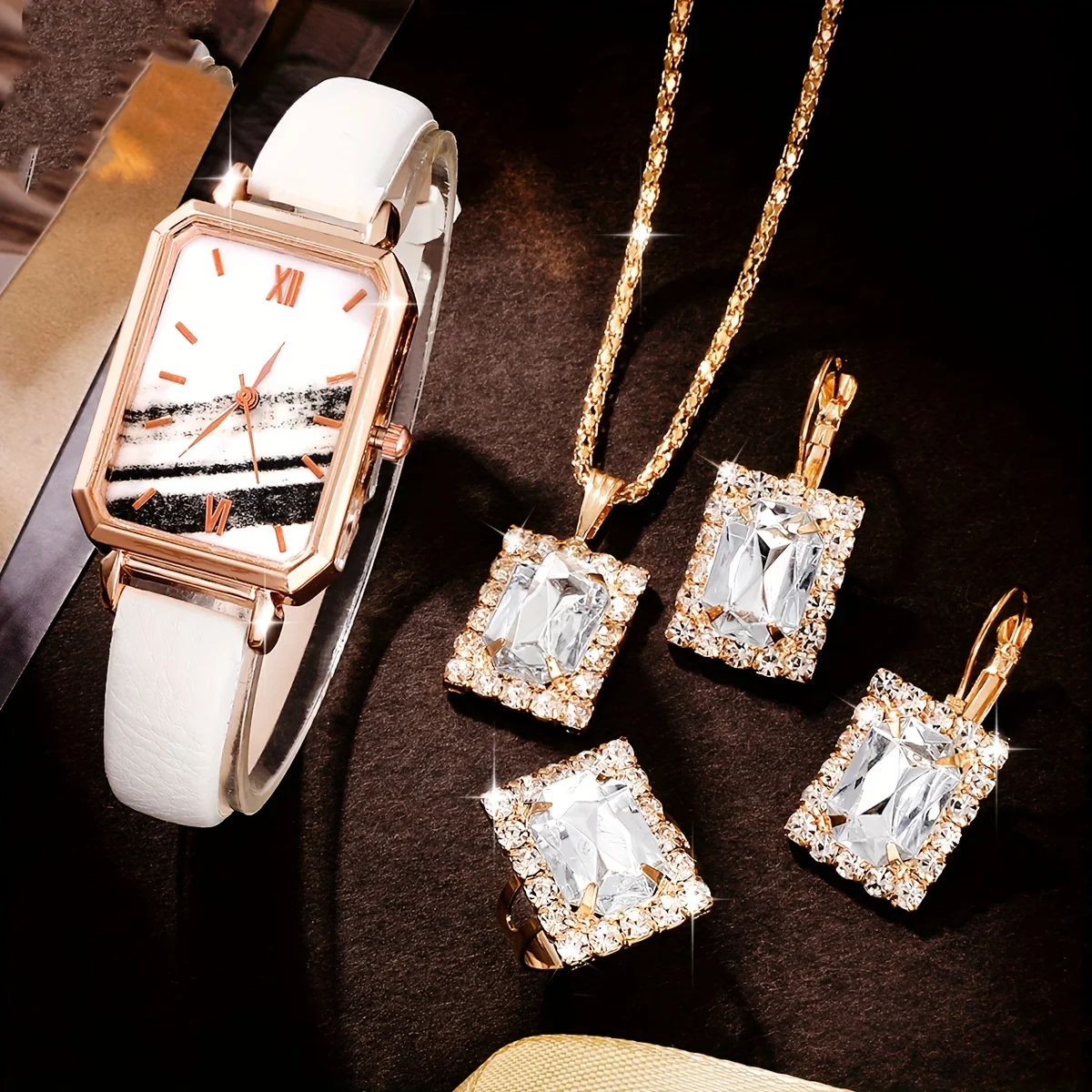 

5 Pcs White Quartz Watches PU Leather Strap Zinc Alloy Pointer Zinc Alloy Dial And Rhinestone Necklace Ring Jewelry Gifts