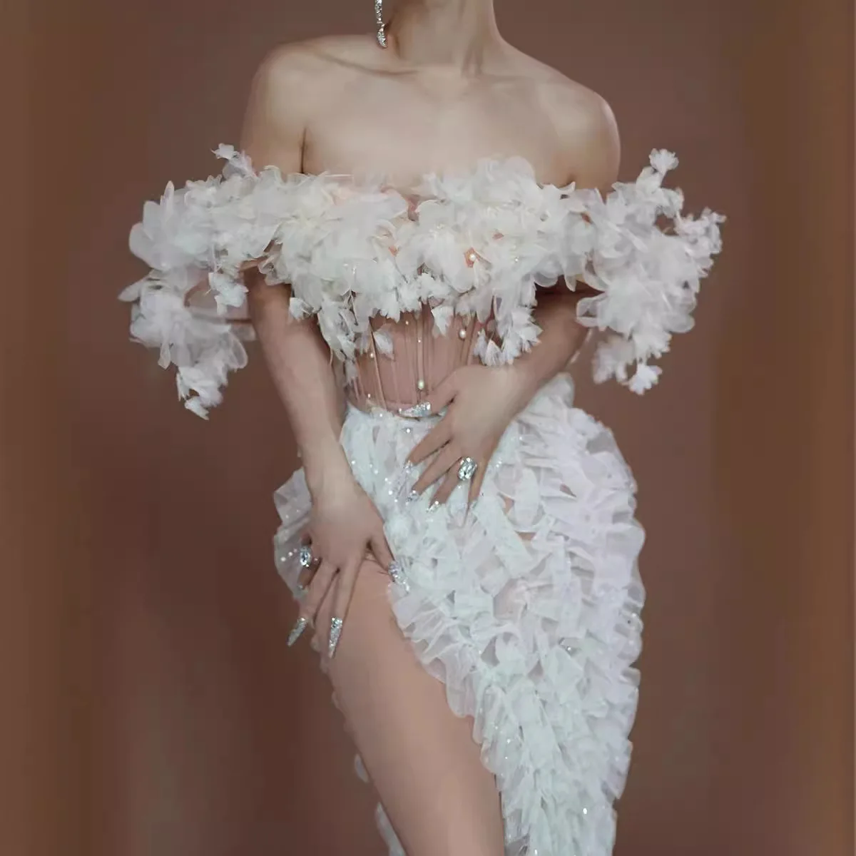 結婚式の視点中空セクシーなハイスプリットホワイトメッシュドレス誕生日 Vestidos Graduación Mujer Vestido Cerimônia Mulher Elegante