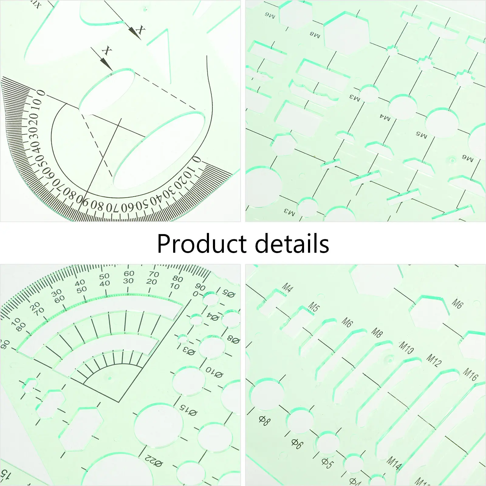 1Set Geometric Ruler Set Transparent Green Plastic Stencils for Art Design Drafting Circle Template Architect Scale Ruler