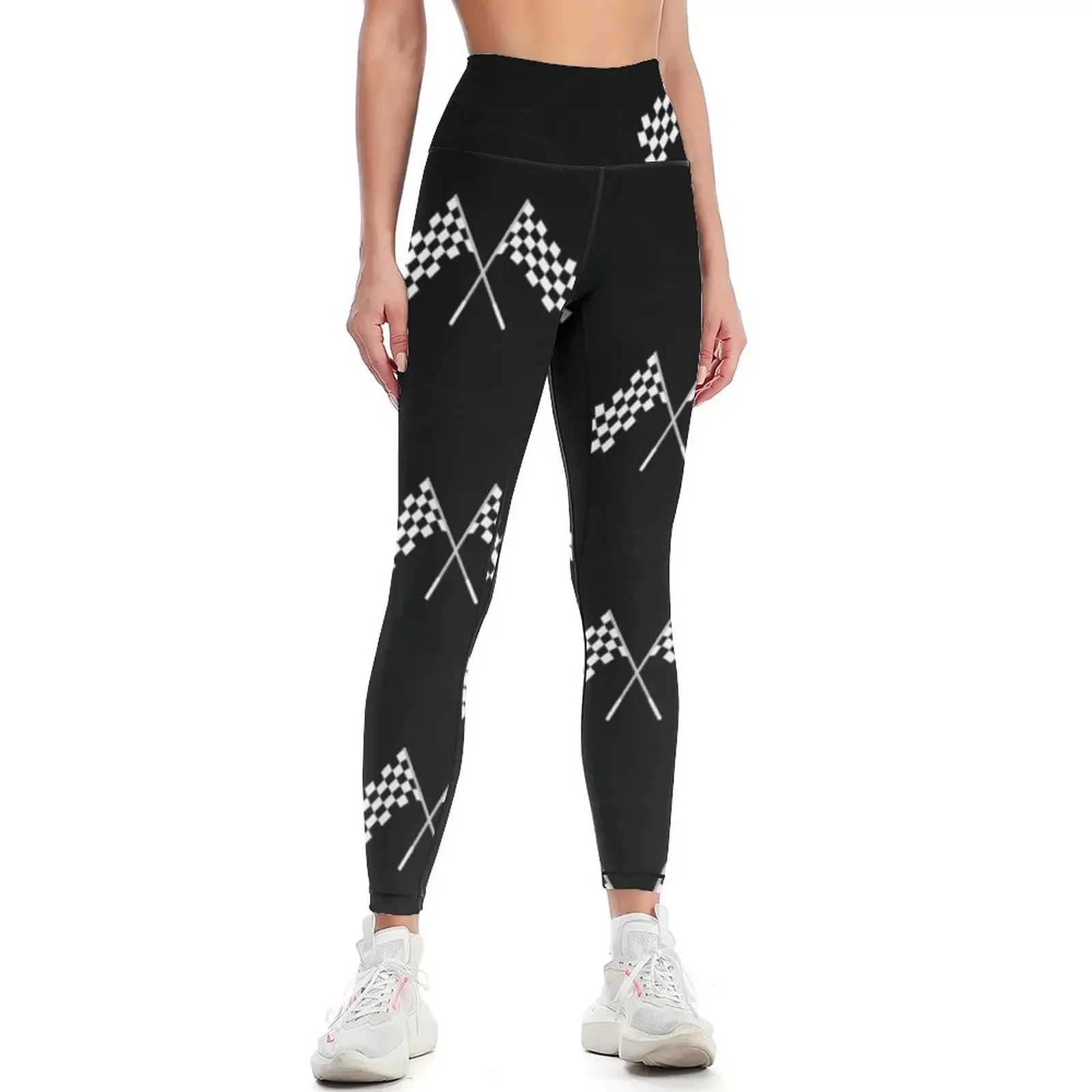 

Crossed waving black and white checkered flags in black cirkle Leggings trousers sports shirts gym Womens Leggings