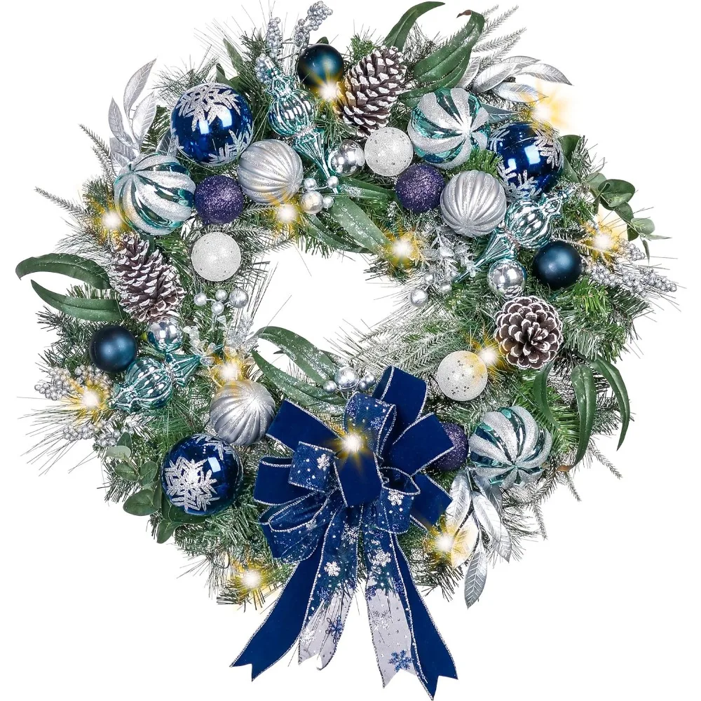 

30 Inch Pre-Lit Christmas Wreath for Front Door with Lights, Large Lighted Christmas Wreath with Silver Blue