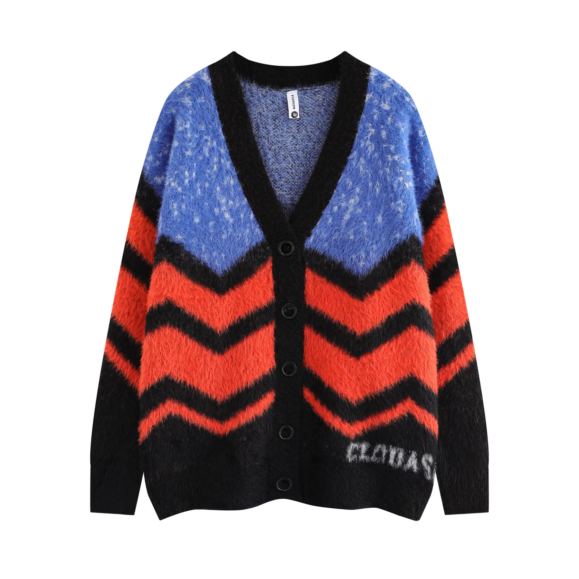 2024 Autumn and Winter New Colorblocked Striped Cardigan Sweater Loose Casual Imitation Mink Mohair Patchwork Knit Sweaters Y2k