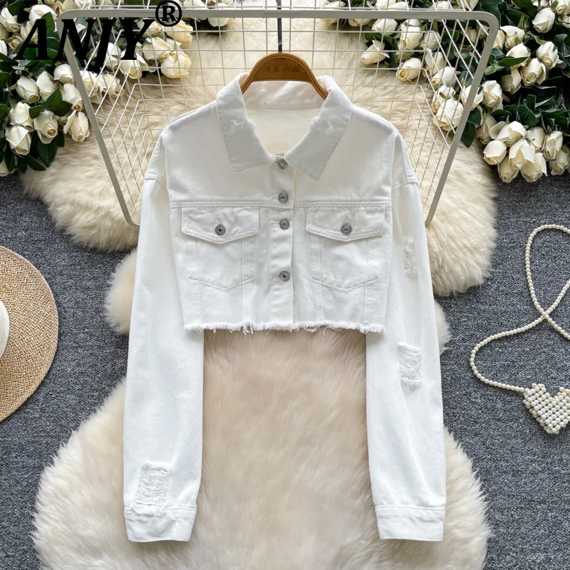 

ANJY, осенняя новая женская корейская шикарная модная короткая джинсовая куртка с отверстиями и карманами, повседневная уличная одежда, универсальное пальто A16055