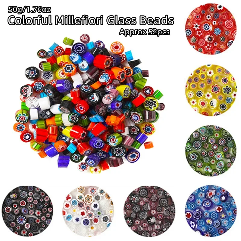 50g/1.76oz(Approx 52pcs) Colorful Millefiori Glass Beads Mosaic Tiles Thousand Flower Beads Cylinder Shape DIY Crafts Material