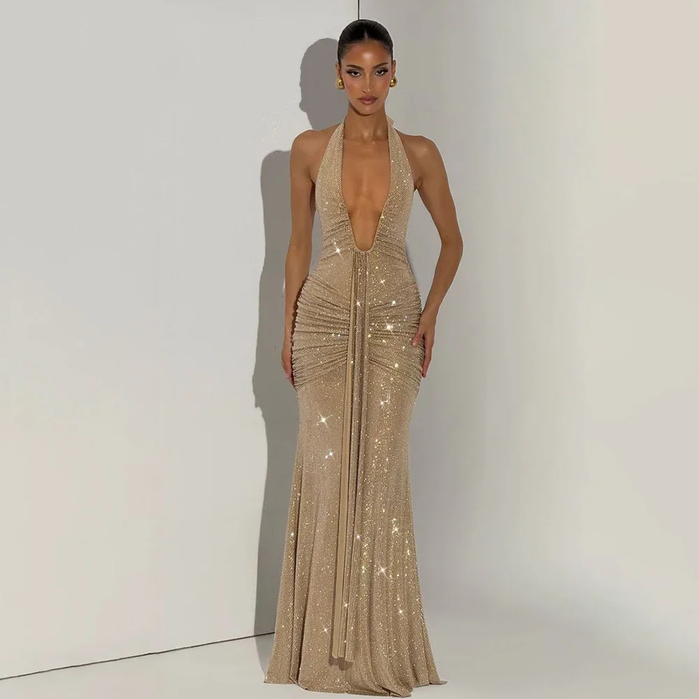 Nuevo Vestido de Noche Sexy con Lentejuelas Color Champán 2026 para Mujer, Escote en V Profundo, Espalda Descubierta, Corte Sirena, Ajustado, Largo, para Fiesta o Gala