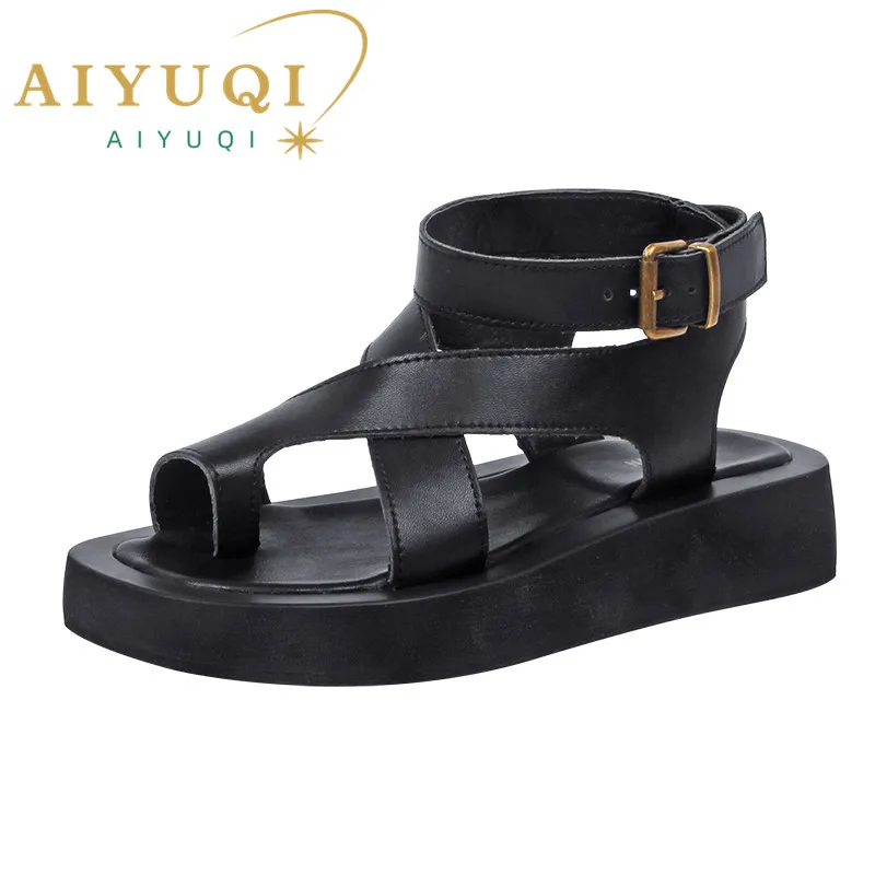 AIYUQI Sandals Women Genuine Leather 2024 Summer New Clip Toe Sandals Ladies Roman Women Shoes Muffin Sandals WHS MTO