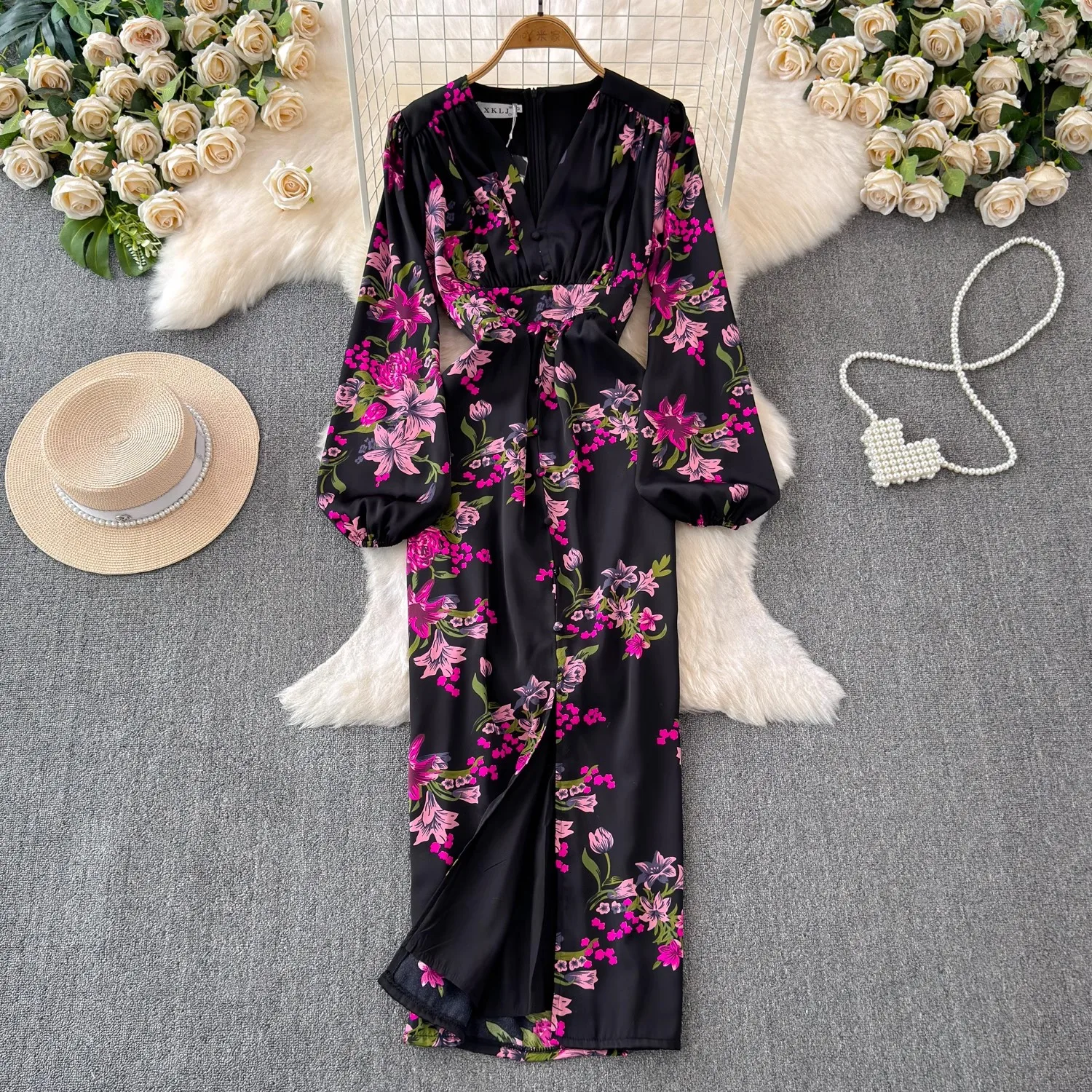 M-4XL New Elegant Summer Flower Print Split Long Dress For Women V Neck Puff Sleeve High Waist Bodycon Holiday Party Clothing