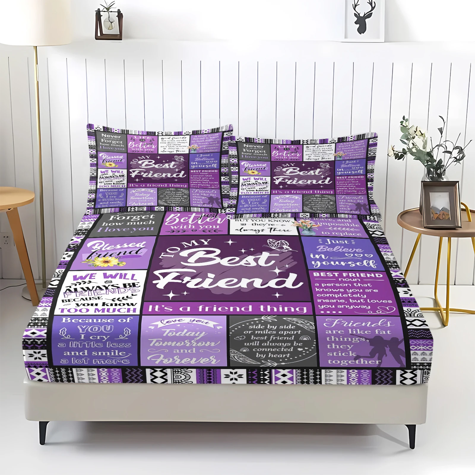 Best Friend Quote Patchwork Fitted Sheet Set Purple Bedding Cover Soft Bed Sheet with Pillow Cases Home Decoration Perfect Gift