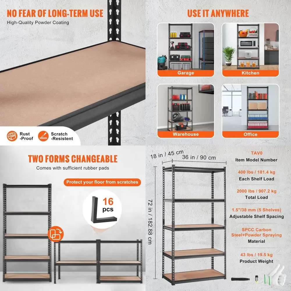 

2-Pack Heavy-Duty 5-Tier Metal Shelving, 2000 lb Capacity, Garage Storage Rack, 36x18x72
