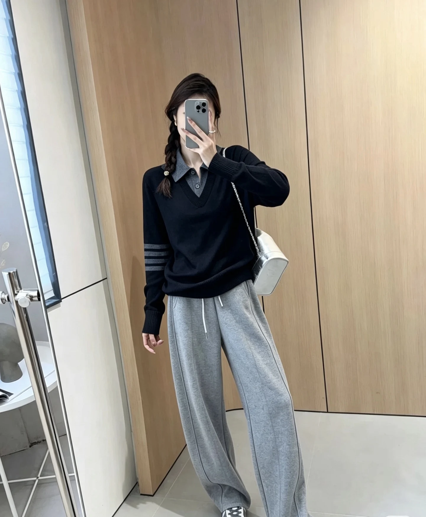2026 New Color-Changing Fake Two-Piece Pullover Knit Sweater with Collar and Long Sleeves for Ladies Polo Knit Shirt