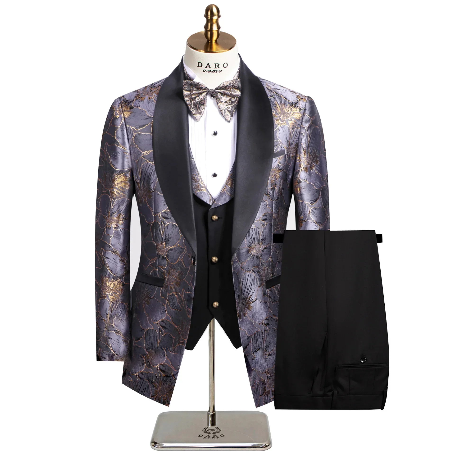 Floral Jacquard Tuxedo Suits for Men Wedding Slim Fit Navy Blue and Gold Gentleman Jacket with Vest Pant 3 Piece Male Costume