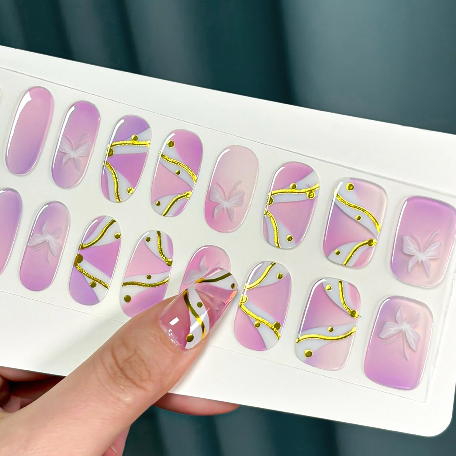 16Tips/Sheet Semi Cured Gel Nail Strips Purple Gradient Butterfly Full Wrap Nail Decals No Lamp Needed Adhesive Gel Nail Sticker