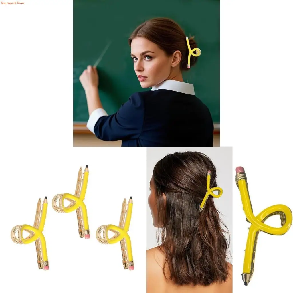 Q5WE 3Pcs Colorful Pencil Theme Hair Claw Clip For Educators Metal Hair Claw Back to School Teacher Hair Styling Accessories