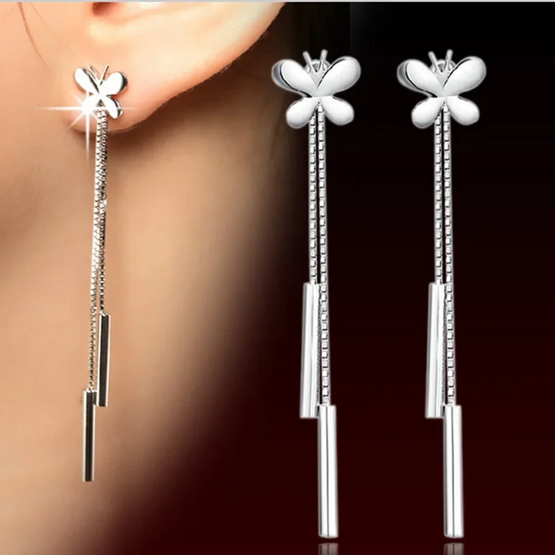 Fashion Silver Color Tassel Butterfly Chain Earrings Vintage European American Women Stainless Steel Plata Earrings Ear Jewelry