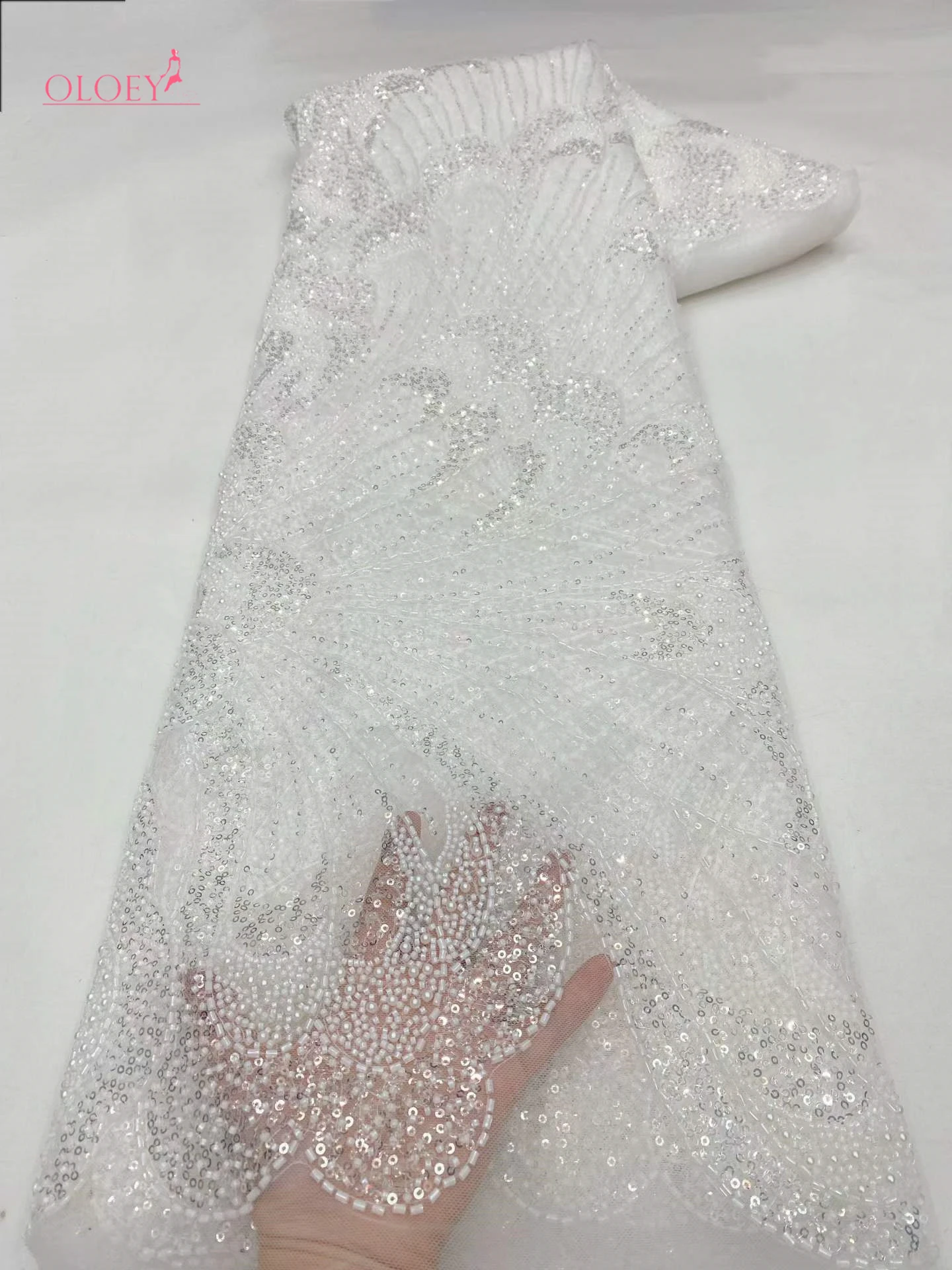 

OLOEY 2026 Luxury Exquisite High-end New French Handmade Beaded Sequin Embroidered Mesh Lace Fabric Full Beaded Women's Wedding