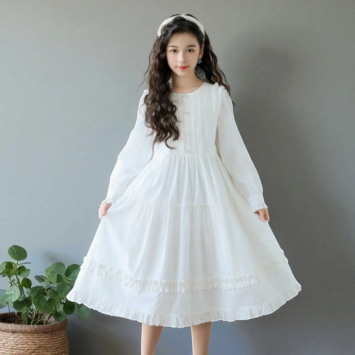 

Kids White Lace School Dresses for Girls Outfits Baby Party Long Sleeve Floral Dress Princess Children Costumes 6 8 10 12 Years