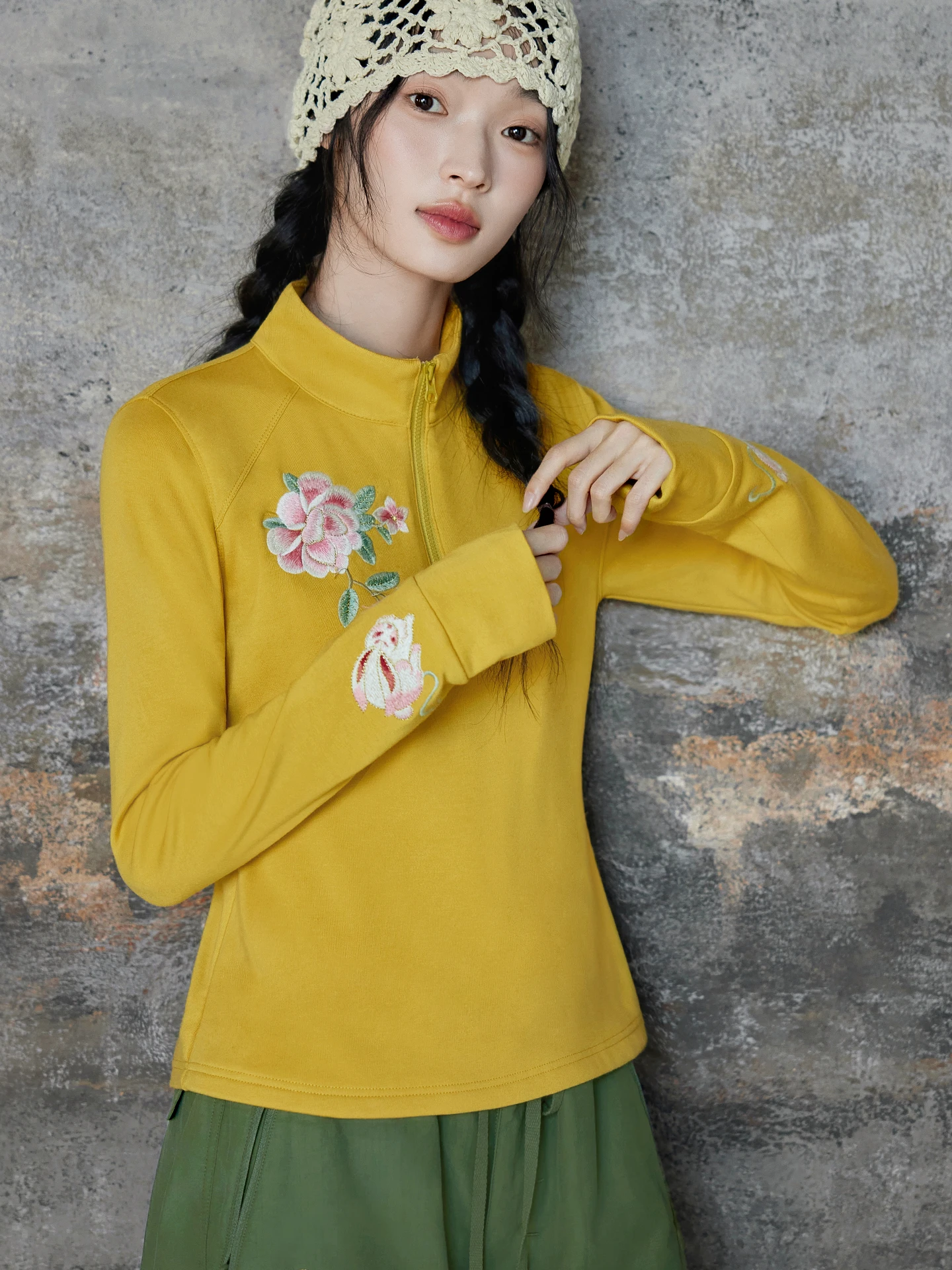 

Женский повседневный топ из смеси хлопка Ele с вышивкой Long Sve и воротником-стойкой