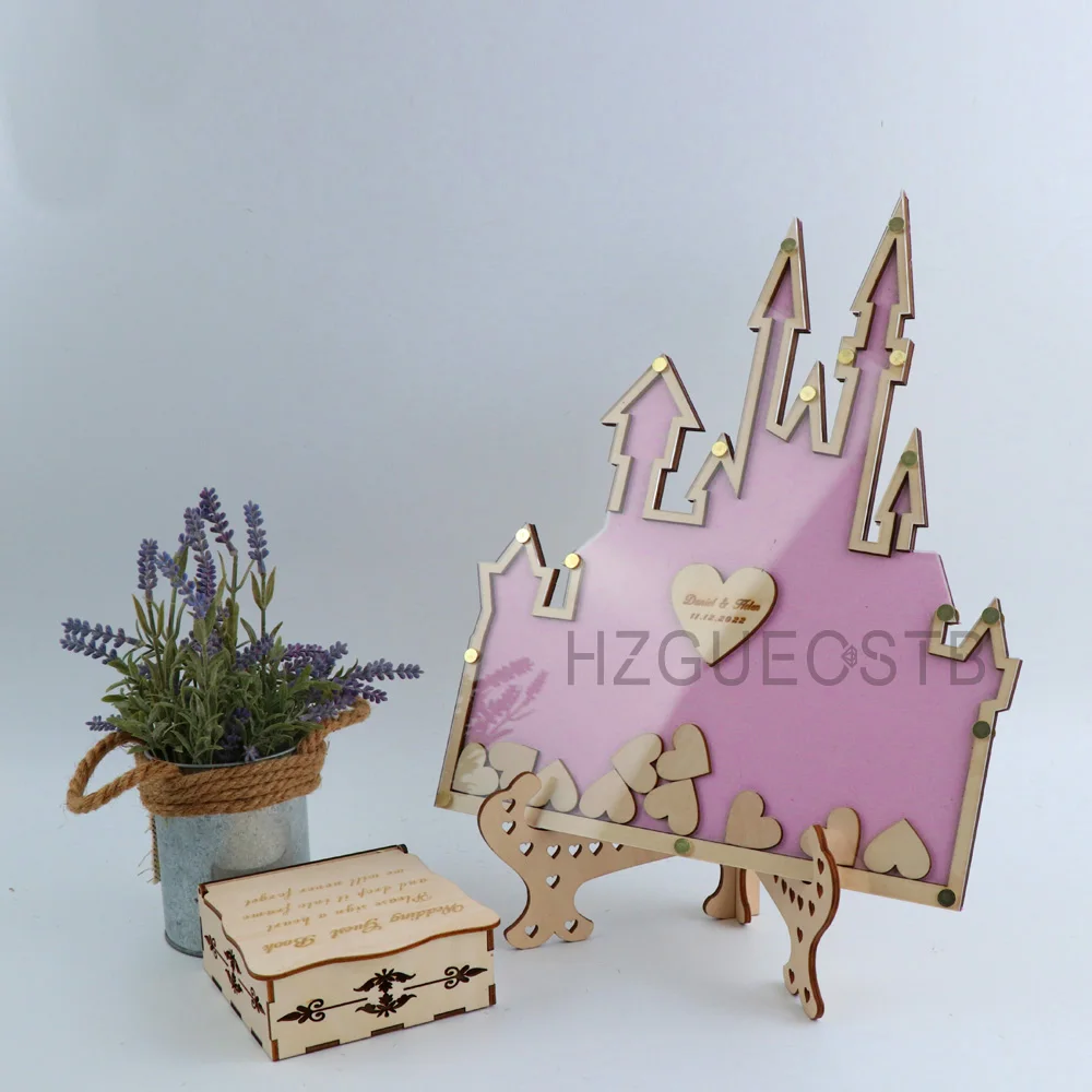 Personalized  Castle Guest Book Wedding Drop Box Acrylic 3D With Signature Hearts Guestbook Alternative Decorat