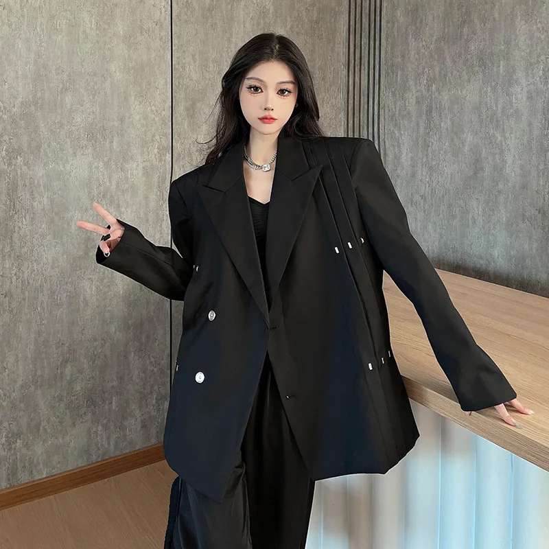 

Women's Autumn/winter Retro Casual Pleated Loose Fitting Blazer Coats Black Hepburn Style Single Breasted Suit Collar Jackets