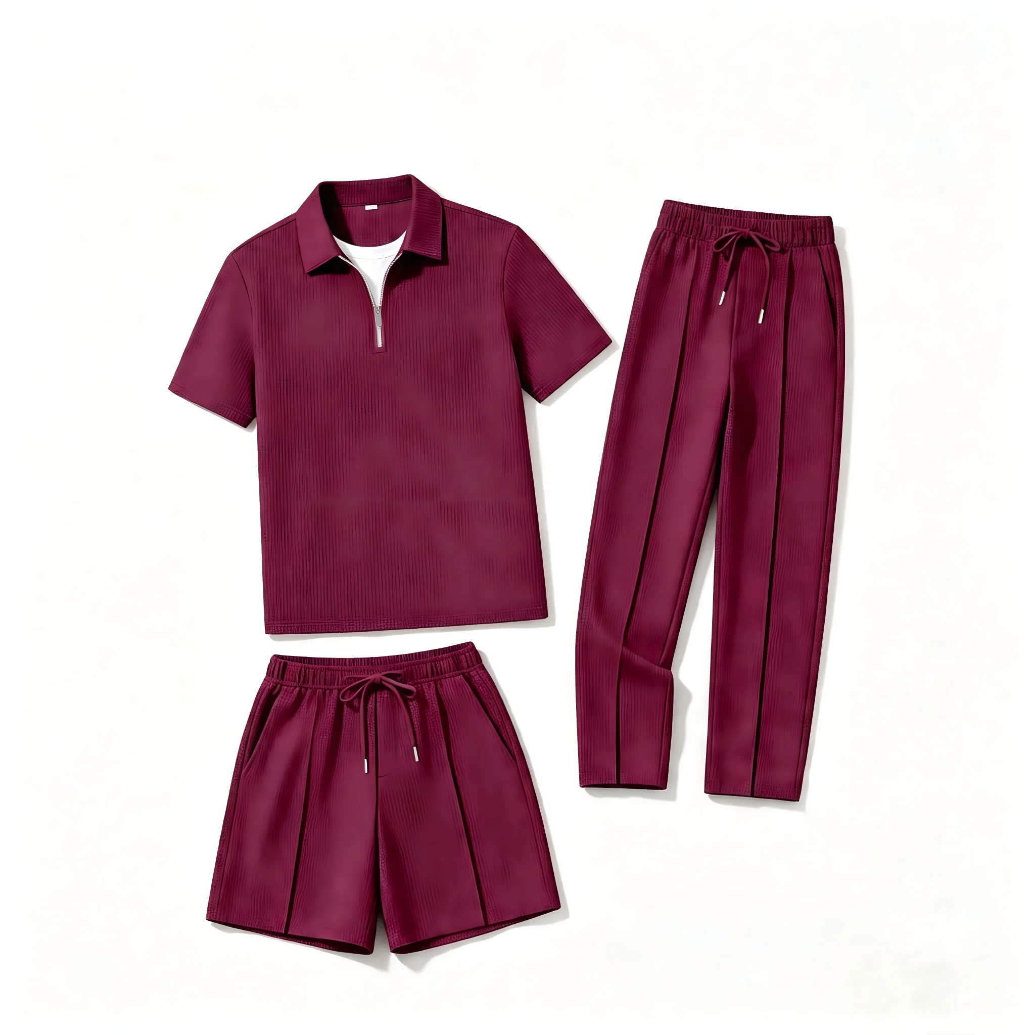 Men Summer Waffle Knit 3-Piece Outfit, Half-Zip Polo with Long Pants & Shorts in Two Styles, Daily Casual & Outdoor Wear