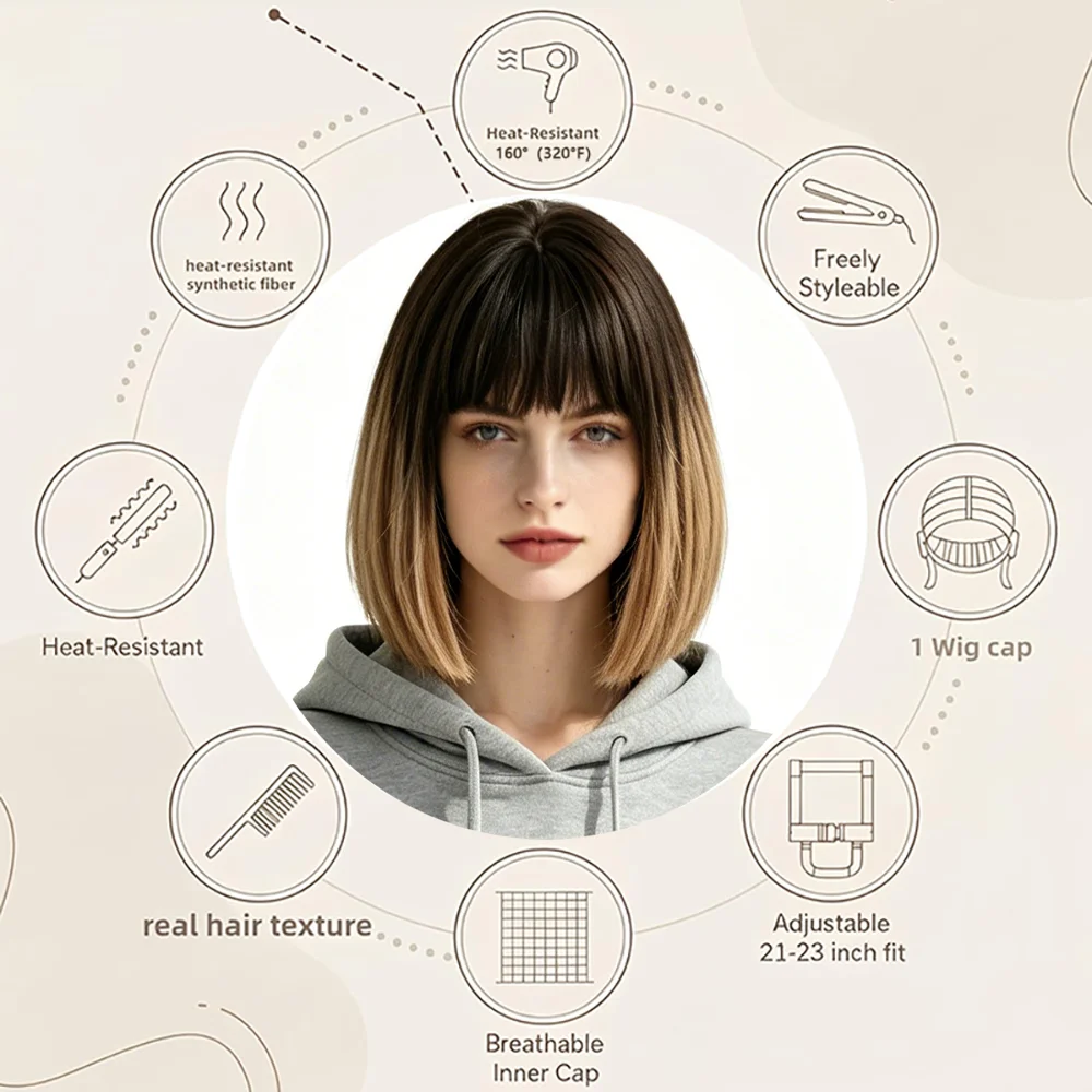 

Black to Blonde Ombre Bob Wig Short Straight With Bangs Natural Heat Resistant Synthetic Hair Wigs For Women Cosplay Daily Party