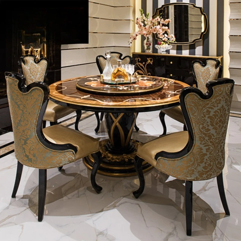 European dining table solid wood rotating round table neoclassical red sandalwood round table