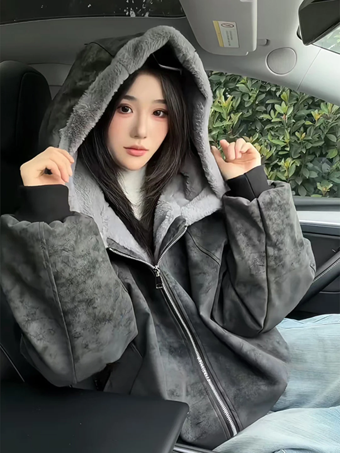 

Men's Bla Dyed Leather Jaet Cotton Coat Winter American Sle Fce Collar Hooded Cotton Clothes High-End Feeling