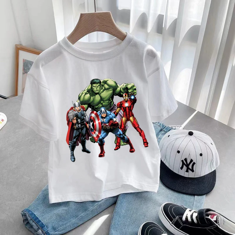 Marvels Avengers 티셔츠 소년 소녀 만화 애니메이션 패턴 반팔 아동 의류 SpiderMans 레저 홈 의류 탑 티