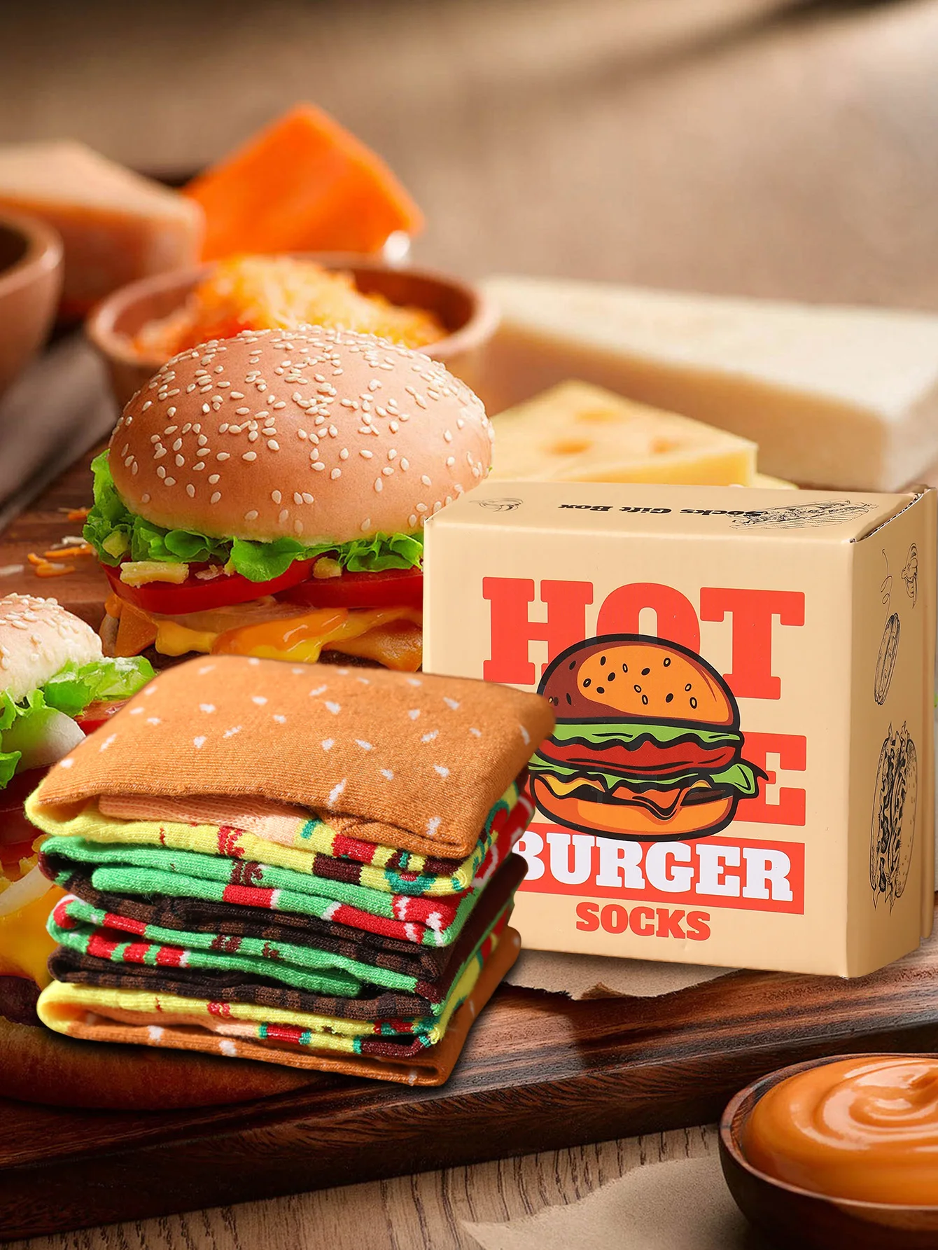 زوجان من الجوارب الرجالية والنسائية بنفس تصميم همبرغر فريد ومبتكر ومثير للاهتمام كهدية للعطلات #2