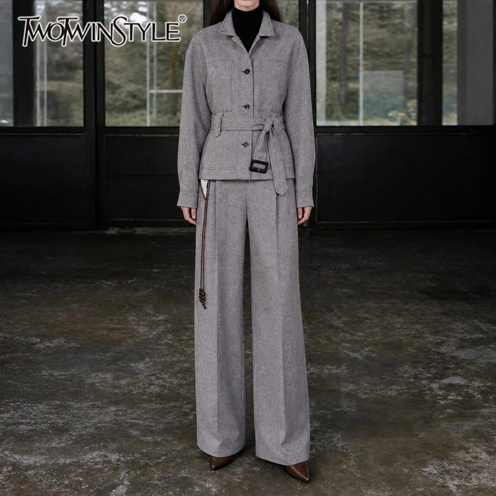 TWOTWINSTYLE Belt Spliced Pocket Loose Solid Jacket for Women Stand Collar Long Sleeve Patchwork Button Casual Jackets Female