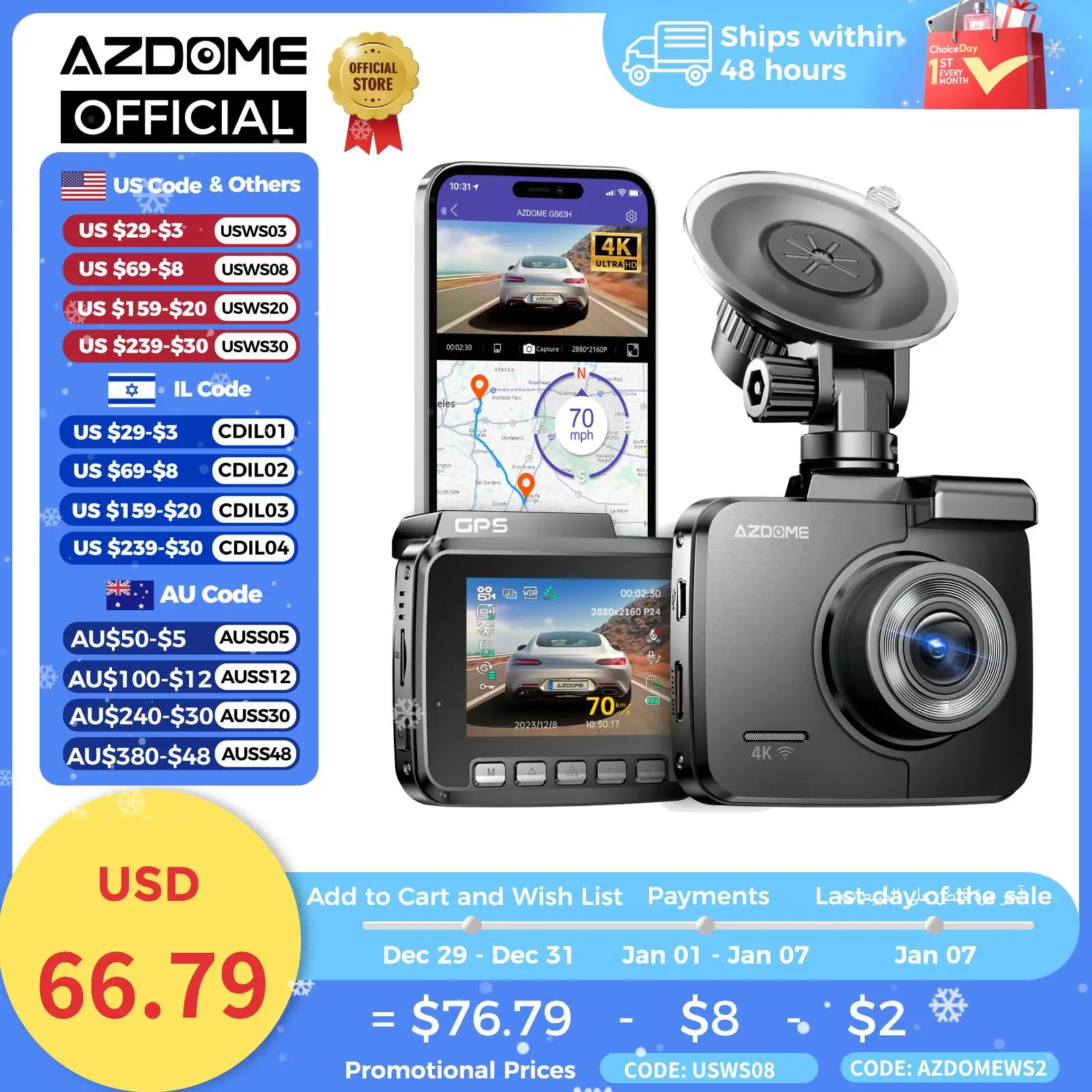 AZDOME 4K Dash Cam GS63H WDR 2.4