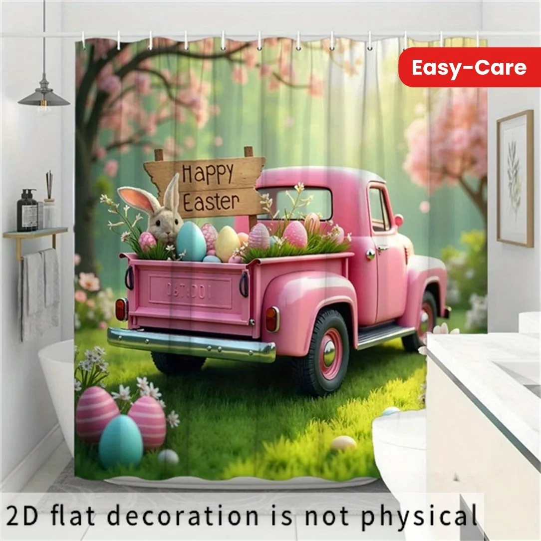 2D Flat, 1pc Vintage Pink Easter Shower Curtain with Bunnies and Pastel Eggs - Whimsical Spring Floral Design, Durable and Easy