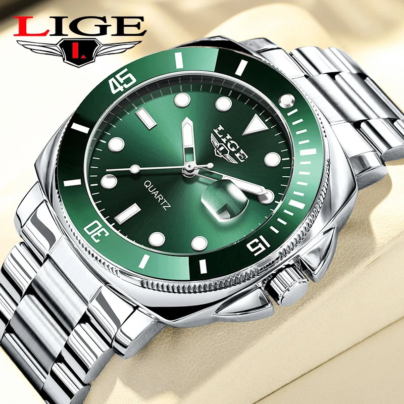 

LIGE Luxury Men's Business Watches Green Stainless Steel Quartz Watch Male Luminous Clock Waterproof Watch for Men Reloj Hombre