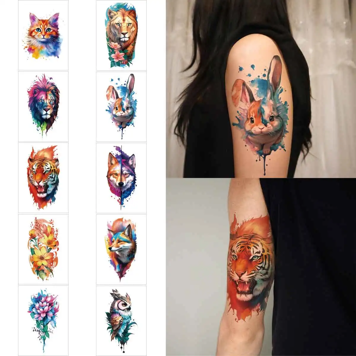 Tatuajes temporales de animales de acuarela para mujeres y hombres, tatuaje falso de manos y brazos, pegatina Flash, León, lobo, tigre, pintura, 10 hojas