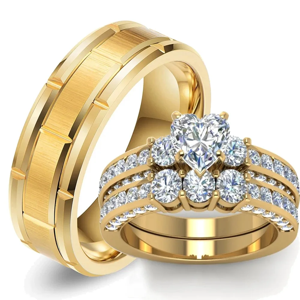 

Fashion Couple Rings Luxury Gold Color Women Heart Zircon Wedding Rings Set Men Titanium Steel Ring Wedding Band Jewelry Gifts