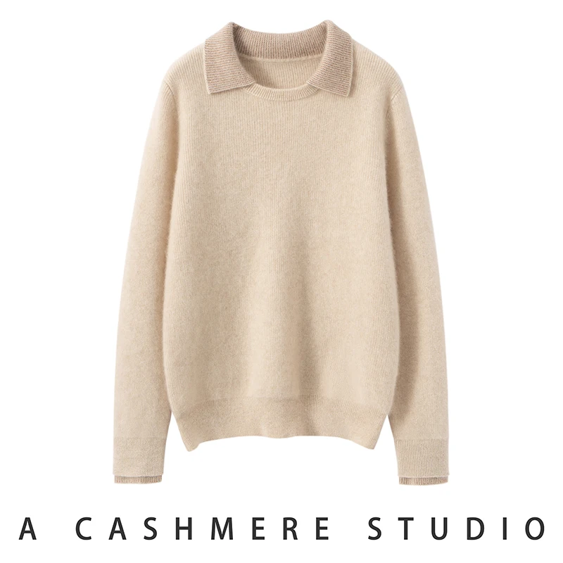 

Women Cashmere Sweater Fake Two Items Polo Collar Pullover Autumn Winter Thicken Office Lady 100% Cashmere Knitwear Striped Tops