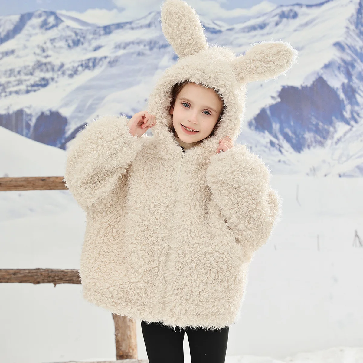 

Autumn and Winter Girls' New Solid Color Hooded Bunny Ear Cartoon Cute and Plush Thick Fashionable Warm Fur Jacket for 4-14 Year