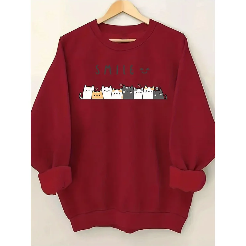 One-Pack Fashion  Women's Elegant Y2K Style SMILE and Cartoon Cat Print  Fleece-Lined Crew Neck Sweatshirt,Long Sleeve Pullover