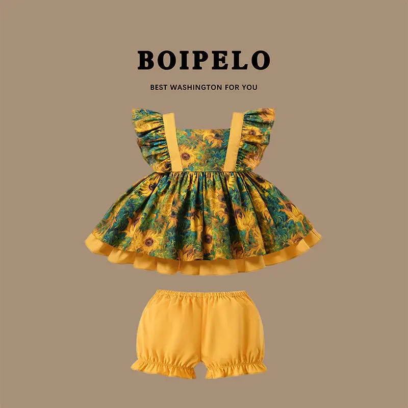 

Ins Girls Flying Sleeves Dress Flower Girls Princess Sunflower Princess Wedding Dress Kids Boutique Lolita Costume Clothes